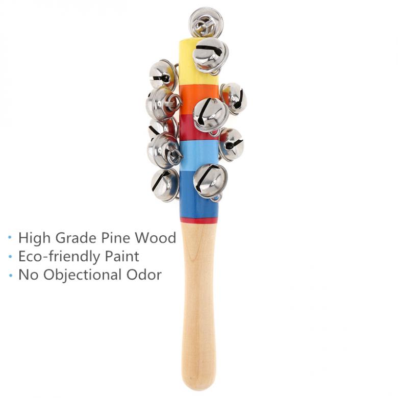 Colorful Wooden Bell Stick 11 Jingle Bells Hand Shake Rattles Baby