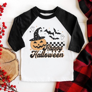 เสื้อเชิ้ตแขน raglan พิมพ์ลาย Trick or Treat สไตล์ย้อนยุค ฮาโลวีน ปาร์ตี้ สําหรับเด็กผู้ชาย ผู้หญิง