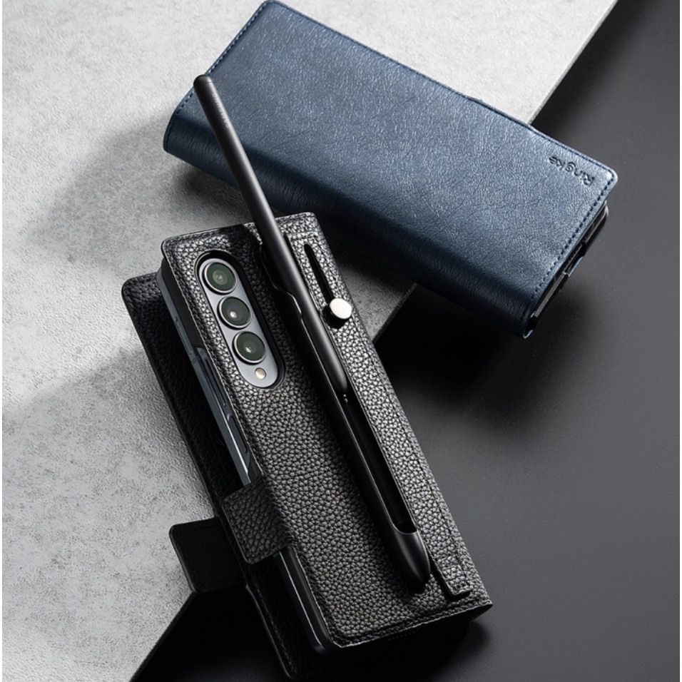 Ringke / Galaxy Z Fold 4 Signature EZ strap plus s pen holder leather case - black, navy / fold4 slo