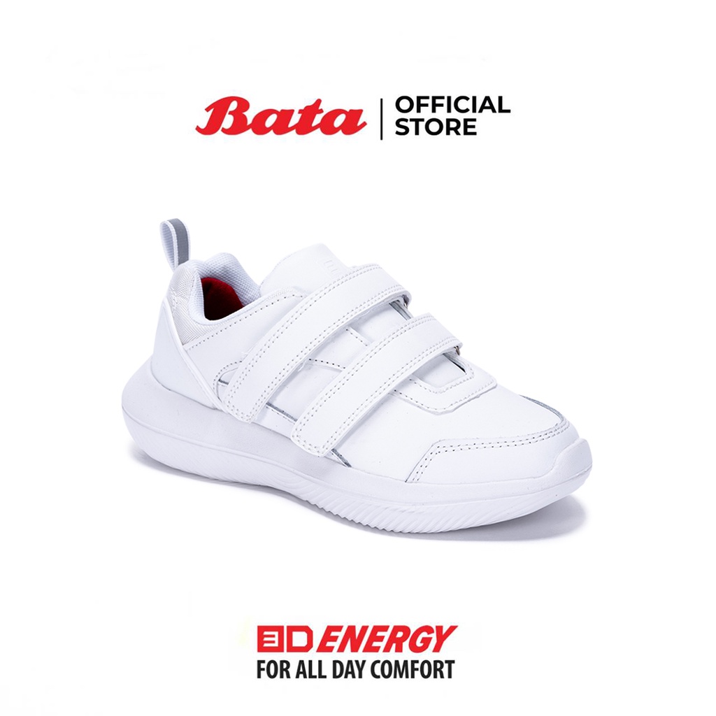 Bata บาจา  รองเท้าพละนักเรียน ผ้าใบ วัยประถมศึกษา สายคาดหนามเตยแบบแปะ 2 เส้น สวมใส่ง่าย สำหรับเด็ก รุ่น 3D Energy สีขาว 3411919