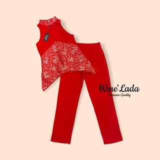 มือ1 พร้อมส่ง (M)​ งานป้าย Wine lada Set เสื้อ +กางเกง​ขายาว เซทกี่เพ้า สีเเดง ตรุษจีน​ ลายจีน ลายมังกร