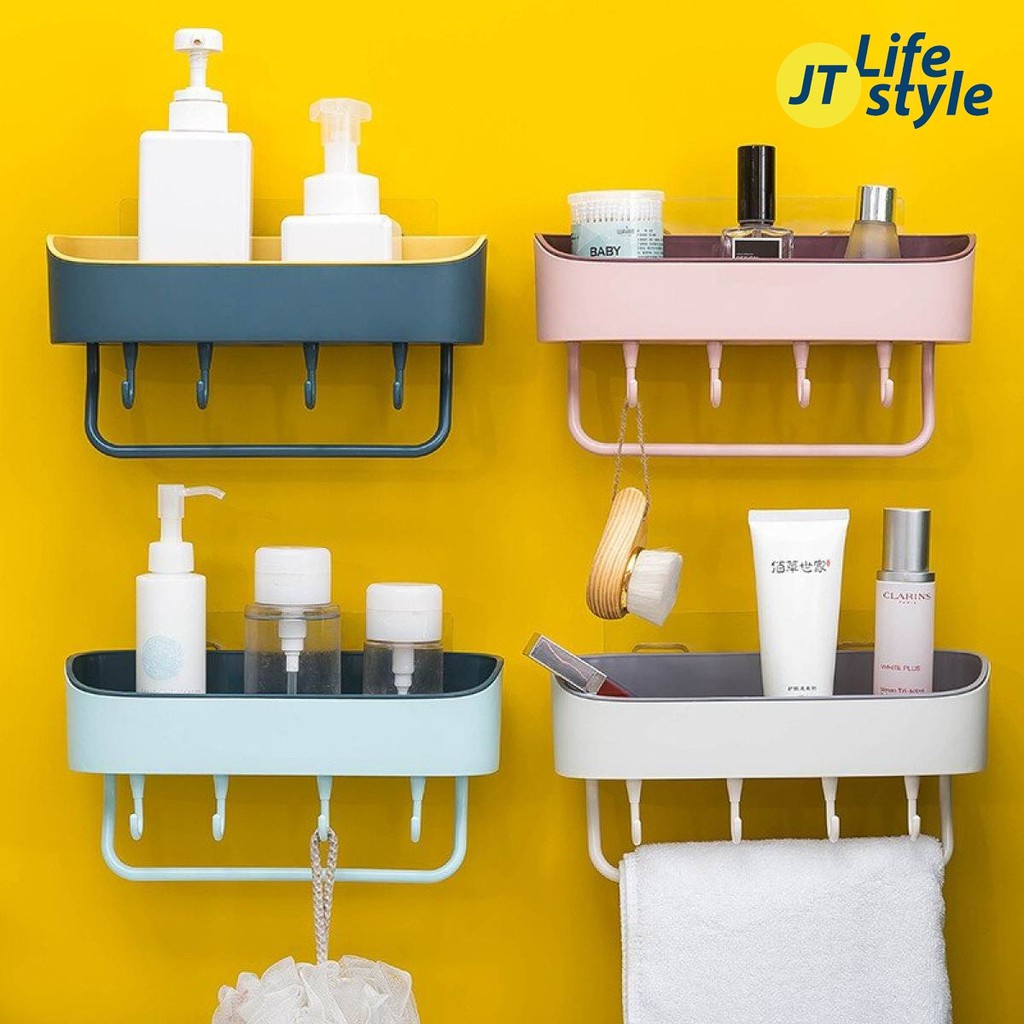 ชั้นวางของ มีที่ห้อยผ้า ติดผนังได้ แขวนของอเนกประสงค์​ ไม่ต้องเจาะผนัง​/JT.lifestyle
