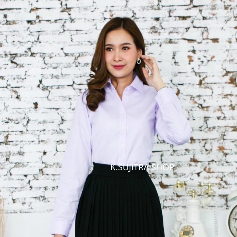 เสื้อนักศึกษาหญิงแขนยาวสีโอโม่ แบบหลังจีบ