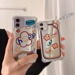 แฟชั่น ยิ้ม ดอกไม้ กระจก เคส iPhone 14 13 12 11 pro max xs max x xr 7plus 8 plus se 2020 case หญิง กระจกแต่งหน้า เคสโทรศัพท์