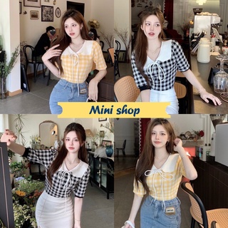 Mini shop🌸พร้อมส่ง🌸 (8K51)  เสื้อไหมพรม แชนสั้น คอบัวน่ารักมาก ดีเทลลายตาราง2สี -C