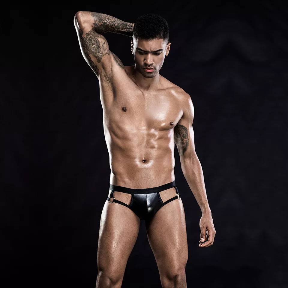 Jockstrapsกางเกงในชายเปิดก้น มีห่วง ซ้าย-ขวา หนังPU ดำเงา