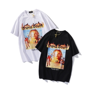 ผ้าฝ้าย 100%Travis Scott เสื้อยืดลําลองสําหรับ Unisex ผ้าฝ้ายแขนสั้นทรงหลวมS-3XL