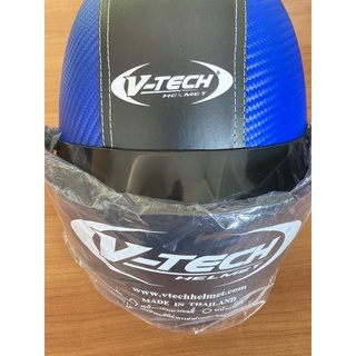 หมวกกันน็อคครึ่งใบ เลดี้ มอก.ใหม่ (หนังลาย) V-tech สีน้ำเงินคาดดำ