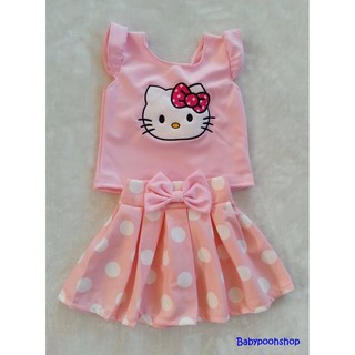 Ploy : Set เสื้อ+กระโปรง ปักลายคิตตี้ สีชมพูอ่อน size : XL (8-10y)