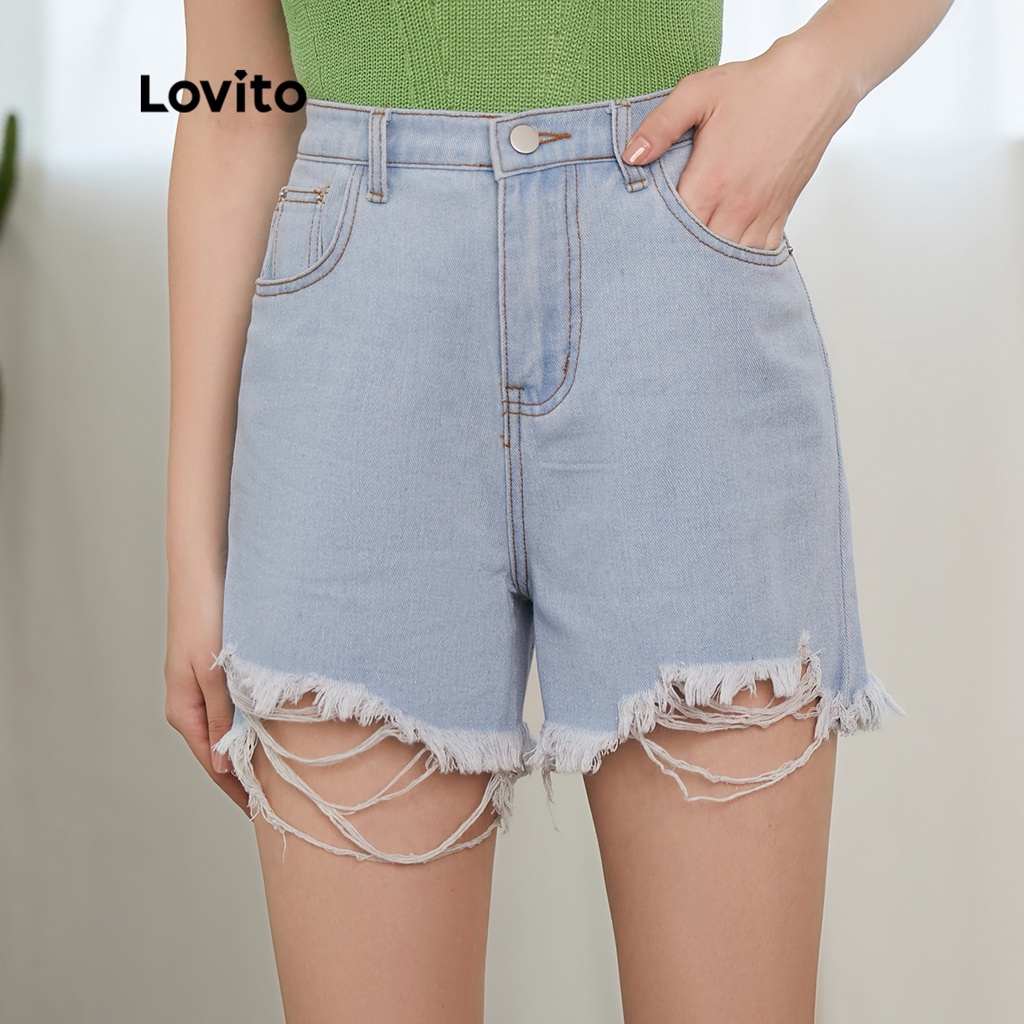 กางเกงยีนส์ขาสั้น Lovito Casual Plain Raw Hem Short Denim Shorts L21EN060 (สีฟ้าอ่อน/ฟ้า/ขาว/ดำ)
