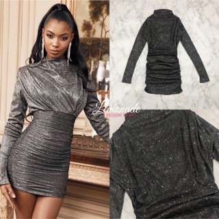 Silver Sparkle Draped Mini Dress เดรสคอปีน