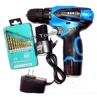 TOSHIสว่านไร้สาย12V Li-on พร้อม แบตเตอรี่2ก้อน + BERGดอกสว่านเจาะเหล็กไฮสปีด ไททาเนียม แบบ 13 ตัวชุด#2110