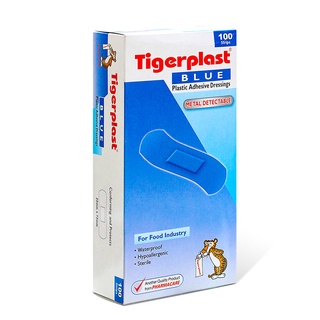 ไทเกอร์พล๊าส พลาสเตอร์ปิดแผล สำหรับโรงงาน แบบตรวจจับโลหะ Tigerplast Blue plaster กล่อง100 ชิ้น