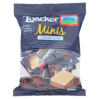 ✨นาทีทอง✨ ล็อคเกอร์ มินิส์ ครีมคาเคา เวเฟอร์สอดไส้ครีมรสโกโก้ 80กรัม Loacker Minis Cream Cacao wafer filled with cocoa c