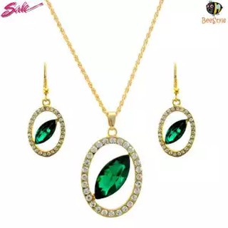 MiStyles  ตุ้มหู ต่างหู สร้อยคอ จี้ ชุดเครื่องประดับ คริสตัล Jewelry Gift Set - Emerald B0839