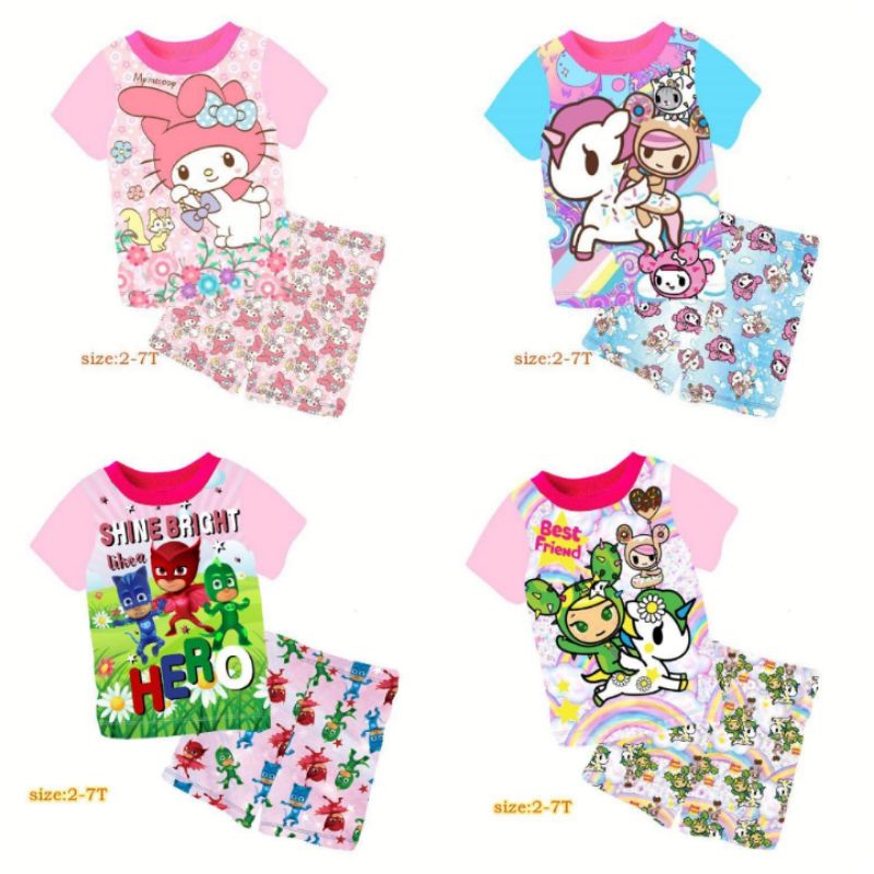 CuddleMe PJ MASK UNICORN MELODY home playwear ผ้าฝ้ายเด็กผู้หญิงเด็กแขนสั้นกางเกง Baju Siang budak l