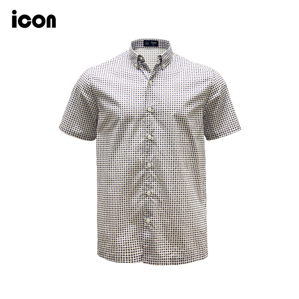 icon (ไอคอน) เสื้อเชิ้ตผู้ชาย แขนสั้น ผ้าคอตตอน พิมพ์ลายกราฟิก  มีกระเป๋า พื้นสีขาว -  IAC5051NV