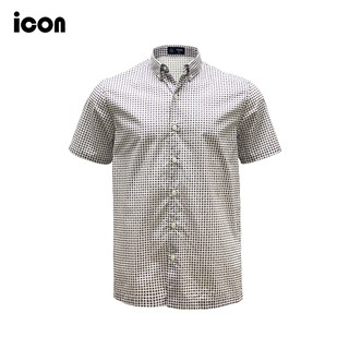 icon (ไอคอน) เสื้อเชิ้ตผู้ชาย แขนสั้น ผ้าคอตตอน พิมพ์ลายกราฟิก  มีกระเป๋า พื้นสีขาว -  IAC5051NV