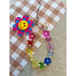 🌸🌸Phone Charm รุ่นดอกไม้สลับผีเสื้อสีโทนเรนโบว์ เพิ่มจี้รุ้ง และจี้ดอกไม้ polka dot