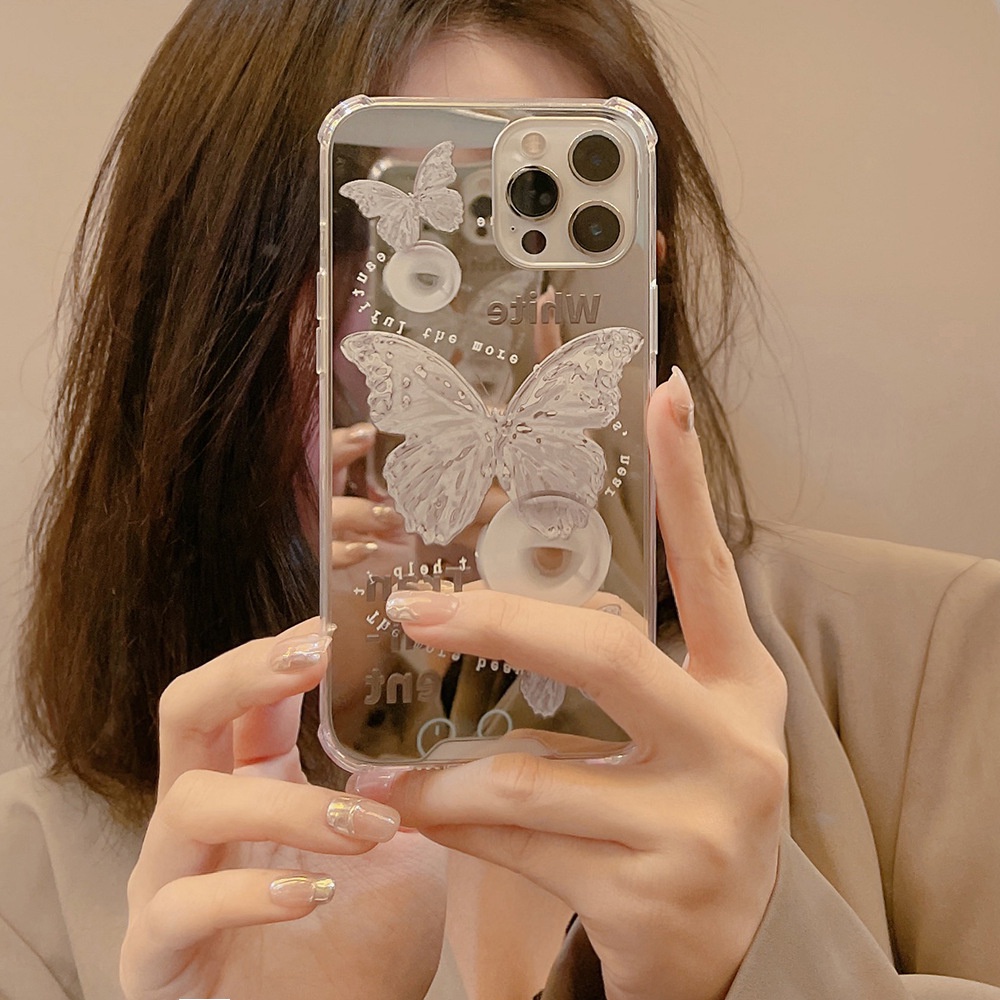 Dinuo- เคสโทรศัพท์มือถือนิ่ม กันกระแทก ลายผีเสื้อย้อนยุค พร้อมกระจก สําหรับ Apple Iphone 14 15 13pro max 13 12 11 Xs 8p-DINUO