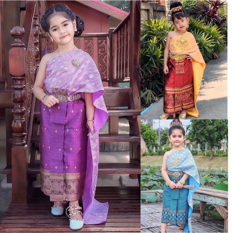 ชุดไทยเด็กผู้หญิง รุ่นสไบลูกไม้ ผ้าถุงหน้านางสำเร็จรูป(ไม่รวมเครื่องประดับ)(ปลีก-ส่ง)