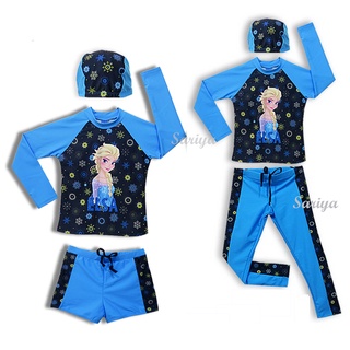 ชุดว่ายน้ำเด็ก (4-10ขวบ) ลิขสิทธิ์แท้ ลายเอลซ่า Elsa โฟรเซ่น Frozen เสื้อ-กางเกงแยกชิ้น แถมหมวกว่ายน้ำ ถุงใส่ชุด