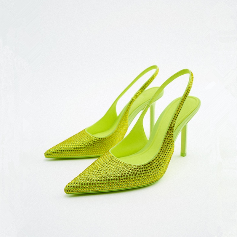 [ขายดี] 2023zara รองเท้าส้นสูง หัวแหลม ประดับเพชรเทียม สีเขียวมะนาว สําหรับผู้หญิง