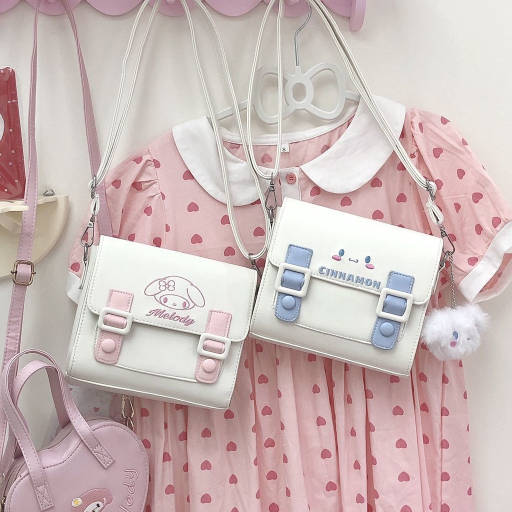 Kawaii น่ารัก Sanrio Cinnamoroll Kuromi Melody กระเป๋าสะพาย Satchel Lolita Tote กระเป๋าสะพาย PU กระเป๋าสี่เหลี่ยม