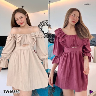 👗Pfashion [ส่งไว!!🚛] P16359 เดรสสั้นแต่งระบายไหล่ เว้าท้อง แขนยาวยางยืดผูกโบว์