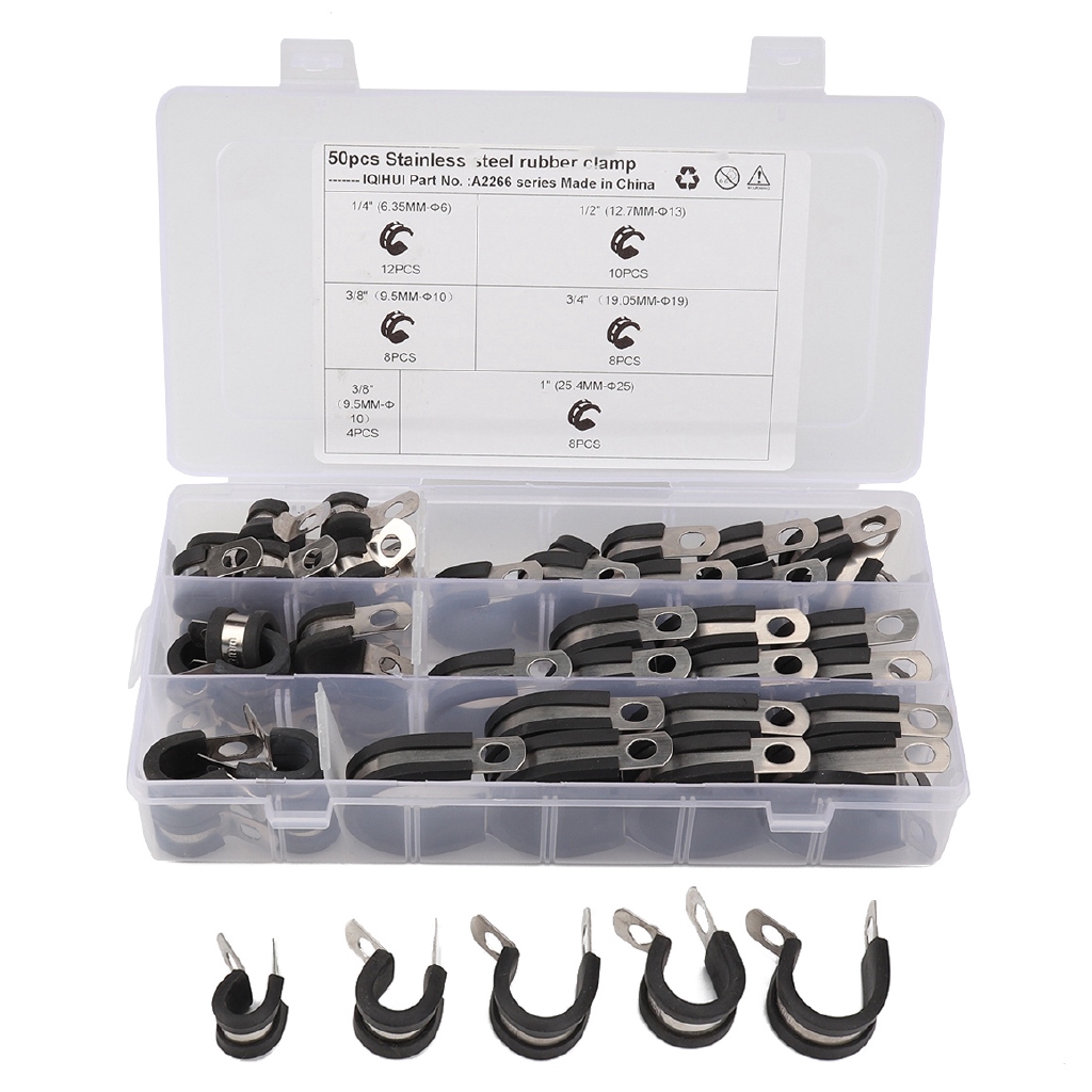 Cable Clamps Assortment Kit 50 Pcs Stainless Steel Rubber Cushion Pipe ...