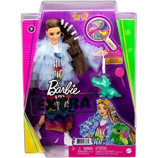 Barbie Extra Doll &amp; Accessories with Long Brunette Hair and Bling Clips in Multi-Colored Dress with Pet Crocodile GYJ78 ตุ๊กตาบาร์บี้ พร้อมกิ๊บติดผมยาว และชุดเดรส หลากสีสัน สําหรับสัตว์เลี้ยง GYJ78