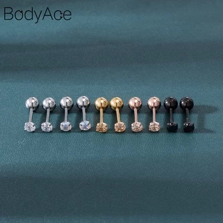 Bodyace 1 ชิ้น สีคริสตัล ทรงกลม ต่างหูสตั๊ด ต่างหูสเตนเลส กระดูกอ่อน กระดูกอ่อน เจาะ ลูกบาศก์ เซอร์โคเนีย ต่างหู