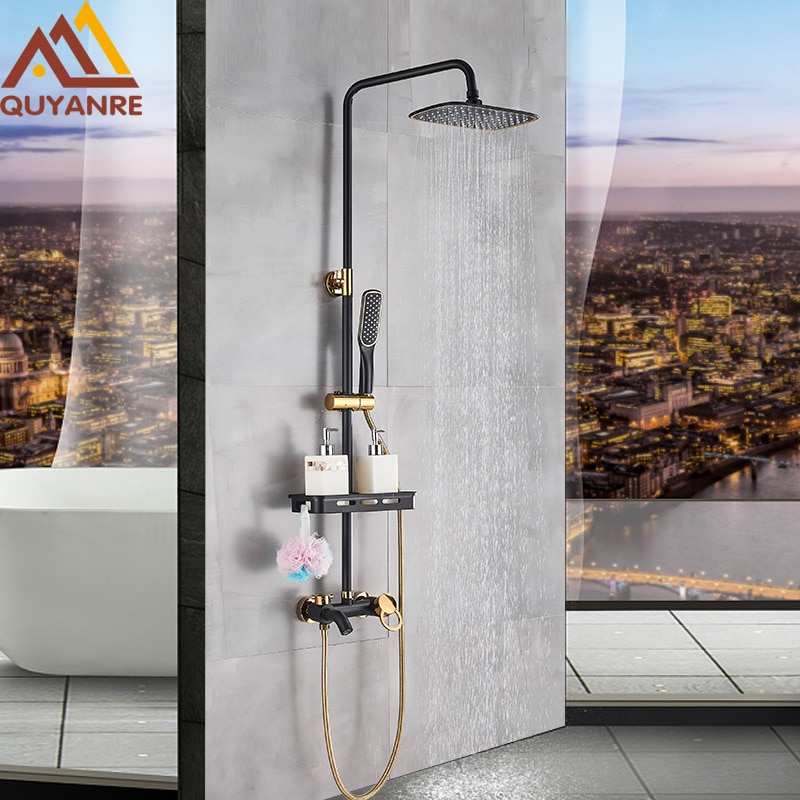 Quyanre Matte Black Gold Shower Faucet Set Bathroom Rainfall Shower