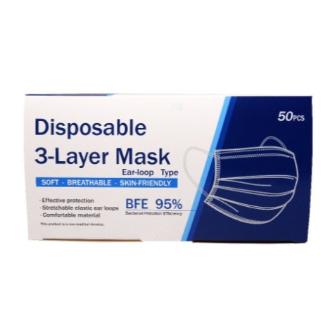 Disposable Face Mask 50 ชิ้น หน้ากากอนามัย ผ้าปิดจมูกอนามัย หนา 3 ชั้น 1 กล่อง สีฟ้า 19052 / สีเขียว 19053 / สีดำ 19404