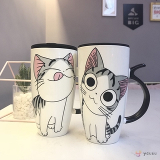 แก้วกาแฟเซรามิกลายแมวน่ารักมีฝาปิดขนาดใหญ่