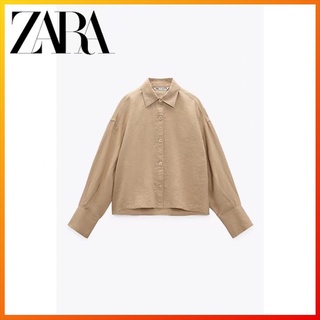 Zara ใหม่ เสื้อเชิ้ต ผ้าลินิน แขนสั้น สไตล์ฝรั่งเศส ย้อนยุค ลําลอง แฟชั่นสําหรับผู้หญิง