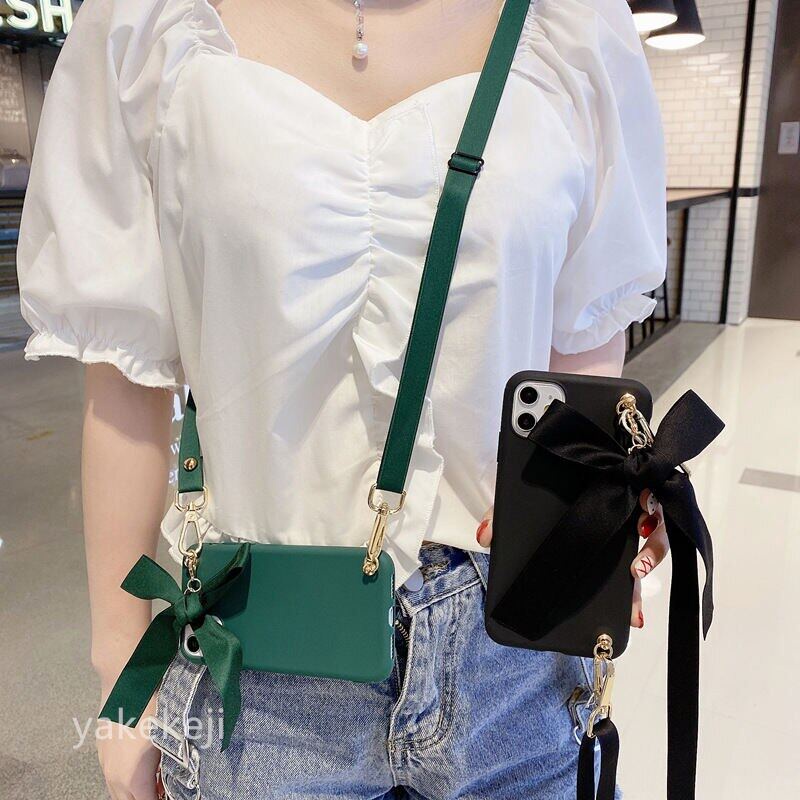 เคสโทรศัพท์มือถือ ซิลิโคนนิ่ม พร้อมสายคล้องคอ ประดับโบว์ สีแคนดี้ สําหรับ IPhone 13 pro max 12 11 X XS XR XsMas SE2020 6 6S 6P 6SP 7 8 7P 8P