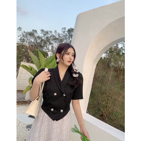 Cicishop(SALE/สุ่มสี 2178/2176)เสื้อครอป/เดรสทรงเบลเซอร์ ดีเทลแขนตุ๊กตาแต่งกระดุมทอง สไตล์โคเรีย