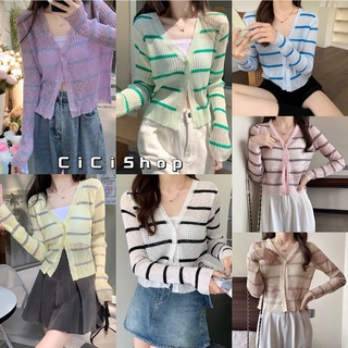 Cicishop(70068-1)เสื้อไหมพรมแขนยาว ซีทรูลายทาง เบาบางใส่สบาย แมทซ์ง่ายน้ารักสุดๆ