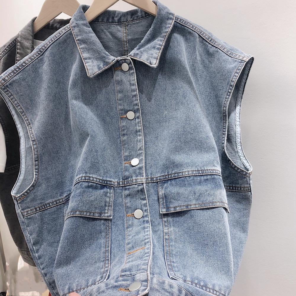 เสื้อแจ็กเก็ตยีนแขนกุด ทรงหลวม เข้ากับทุกการแต่งกาย สไตล์ญี่ปุ่นเรโทร สําหรับคู่รัก - รูปที่ 2