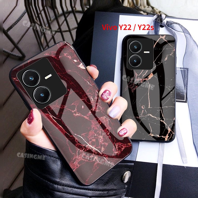 เคสโทรศัพท์มือถือกระจกนิรภัย แบบแข็ง กันกระแทก ลายหินอ่อน สําหรับ Vivo Y22 Y22S 2022 Y22 Y22S Y 22 S