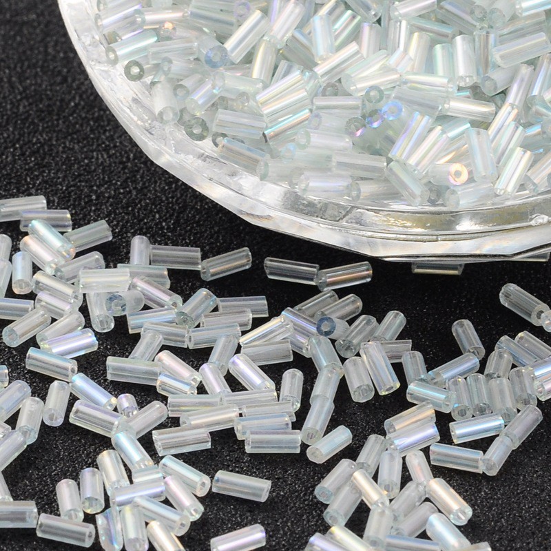1555pcs/50g Seed Bugle Beads, Clear with AB Color, 1.8mmx4.5mm, Hole:0.6mm