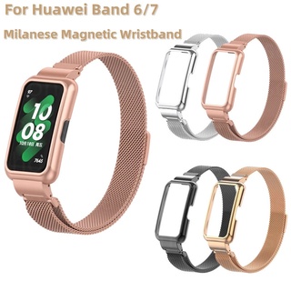 2in1 สายนาฬิกาข้อมือ สเตนเลส แม่เหล็ก พร้อมสายคล้องข้อมือ แบบเปลี่ยน สําหรับ Huawei Band 7 6 Milanese