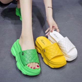 พร้อมส่ง!! เหลือง37/ขาว39 รองเท้าส้นตึก พื้นหมี สูง8cm. size 35-40