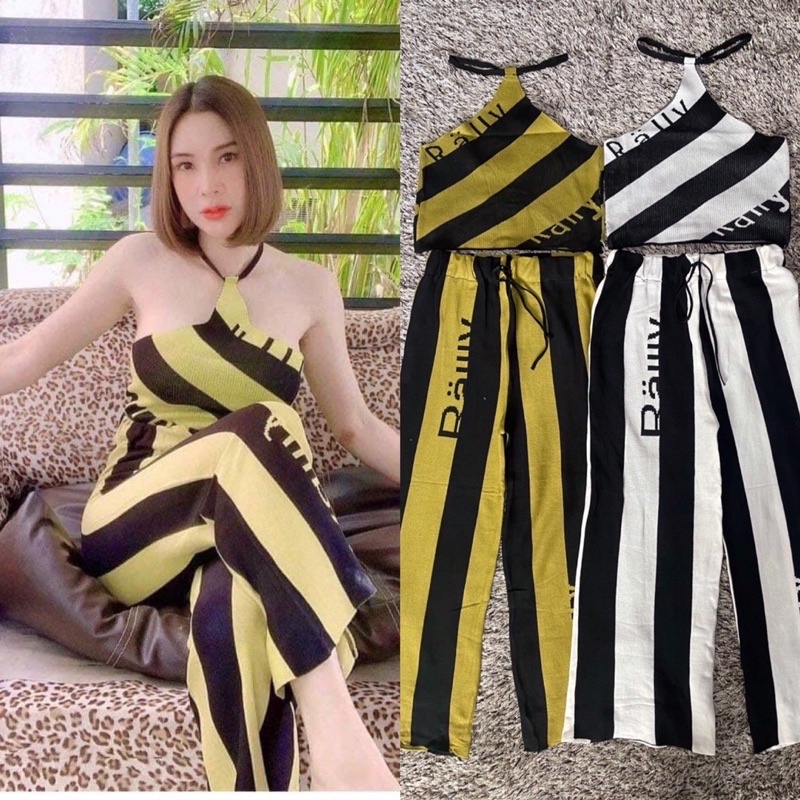 SpinnyHouse ชุดเซ็ท rally ผ้าไหมพรม ทั้งตัว เสื้อเกาะอก แต่งสายเดี่ยว + กางเกงขายาว ลายทอผ้าสลับสี รถเมร์