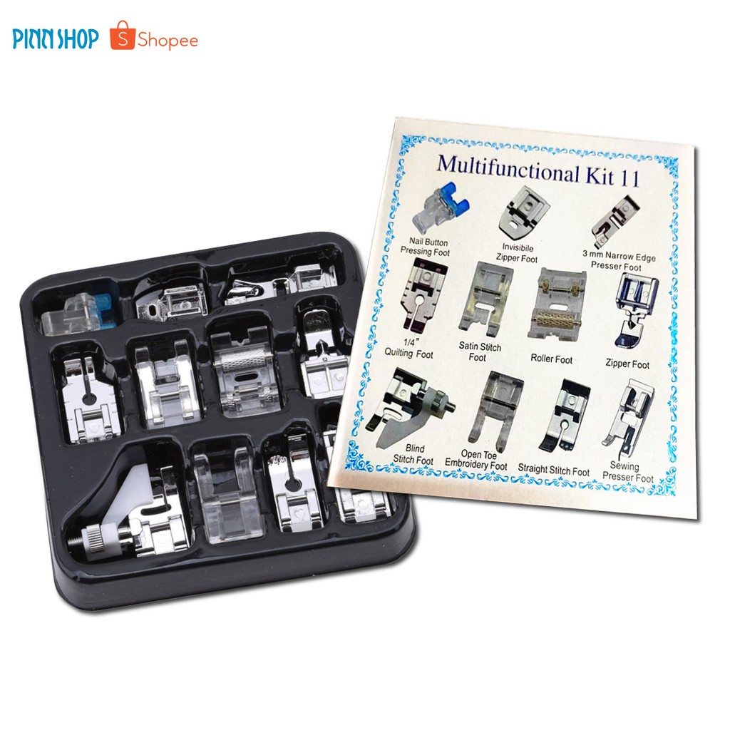 Pinn Shop เซทตีนผี สำหรับจักรเย็บผ้าไฟฟ้า ครบชุด 11 ชิ้น ( ตีนผี ติดซิป ม้วนริม ต่อผ้า สอย เย็บหนัง ตกแต่งลาย โพ้งริม)