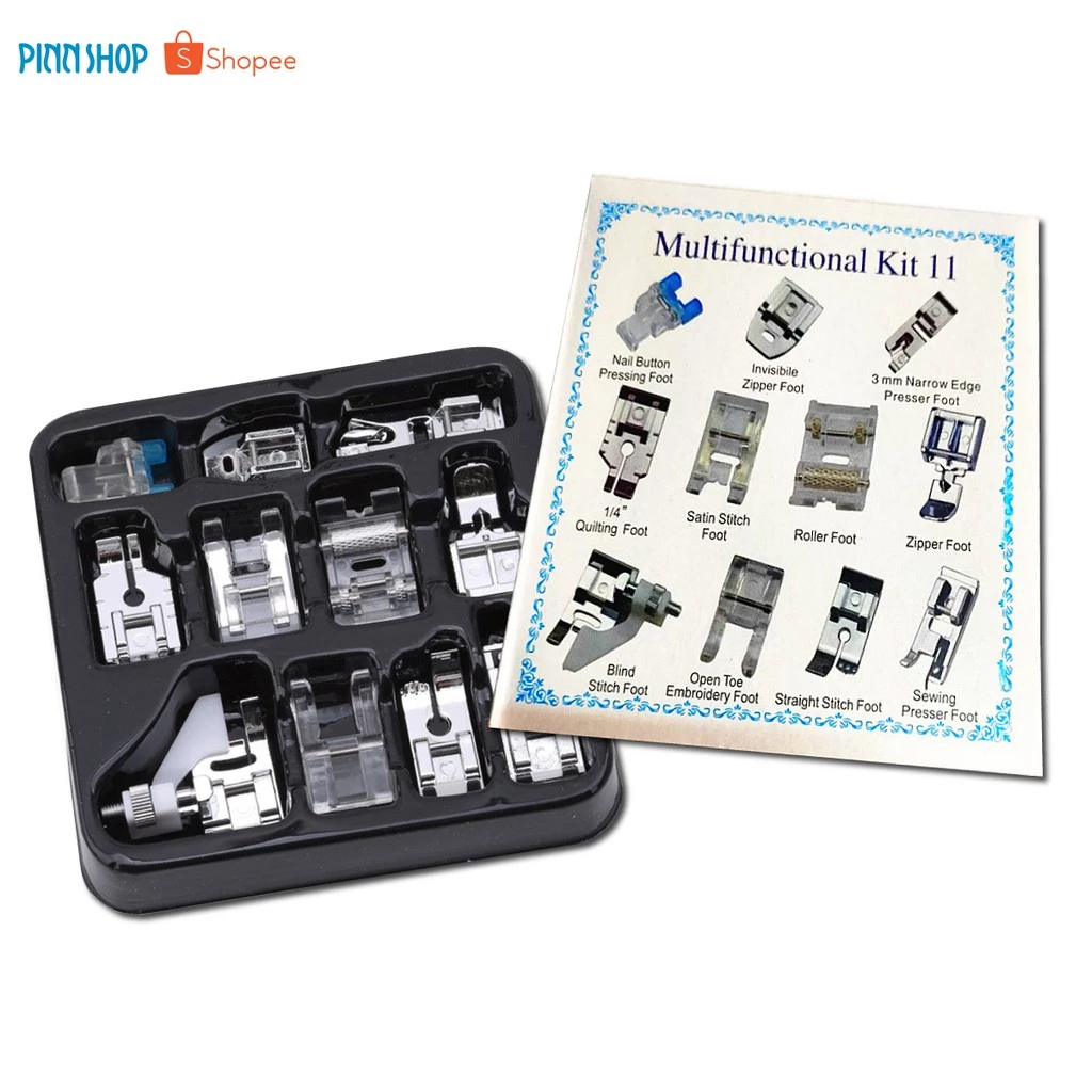 Pinn Shop เซทตีนผี สำหรับจักรเย็บผ้าไฟฟ้า ครบชุด 11 ชิ้น ( ตีนผี ติดซิป ม้วนริม ต่อผ้า สอย เย็บหนัง ตกแต่งลาย โพ้งริม)