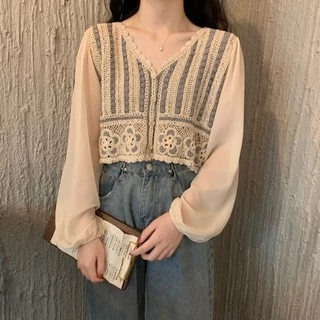 ส่งทันที Ciciเสื้อแขนยาวไหมพรมถักแต่งลายฉลุซีทรูดอกไม้​ สีโทนอุ่น​สีพื้น(A11)
