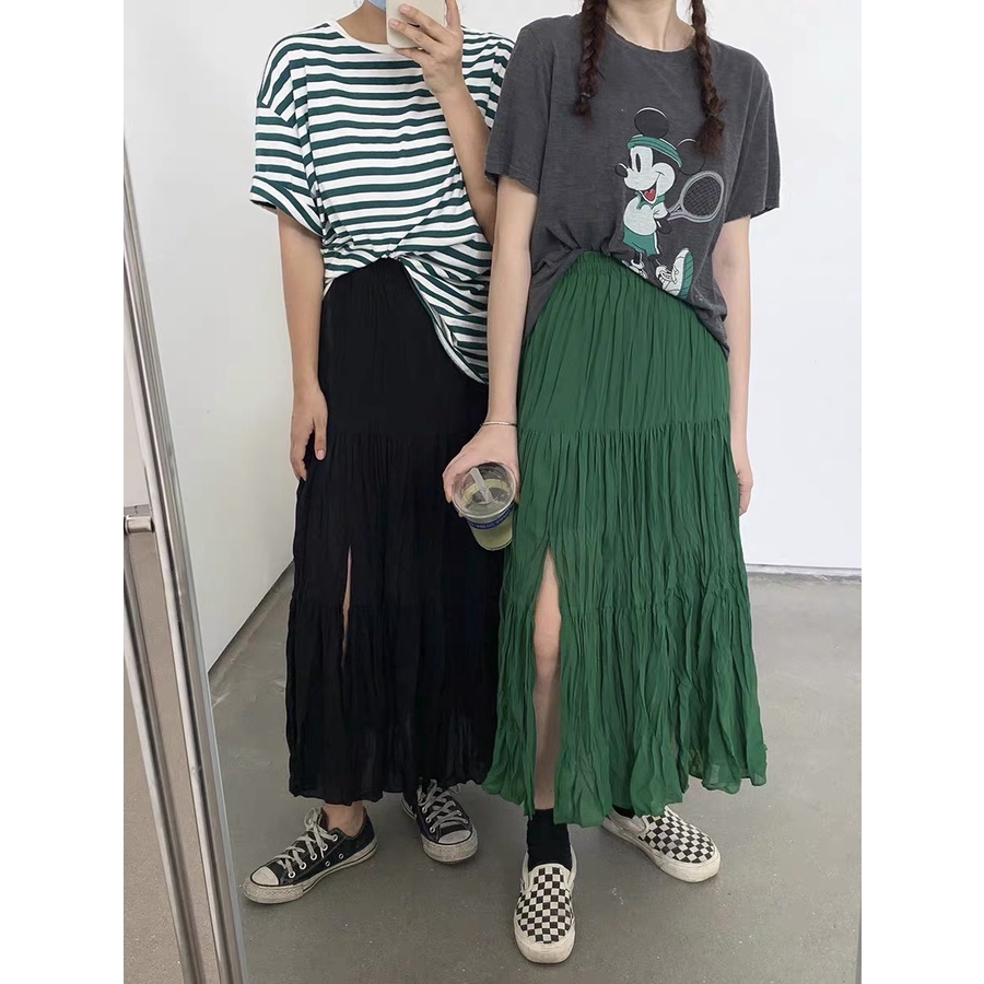 SAY APPAREL: Plain color creased skirt กระโปรงผ้าชีฟองผ่าข้าง