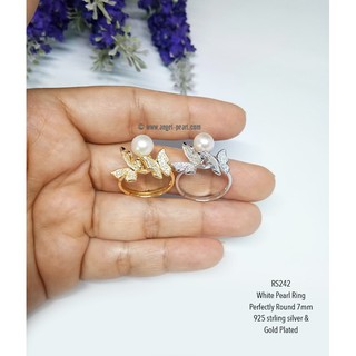 [RS242] แหวนไข่มุกแท้สีขาวนวล กลมสนิท 7mm ดีไซน์ผีเสื้อสวย, AAA